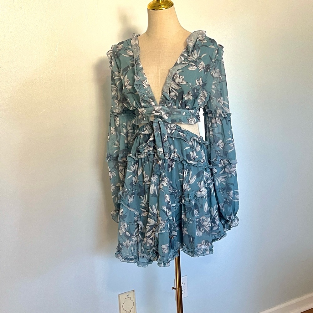 Luxxel Blue Floral Chiffon Two-Piece Illusion Dress Lace-Up Back,Ruffle Size L - Picture 6 of 11